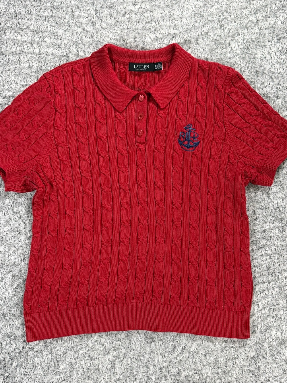 Ralph Lauren Red Cable-Knit Polo Sweater with Navy Crest